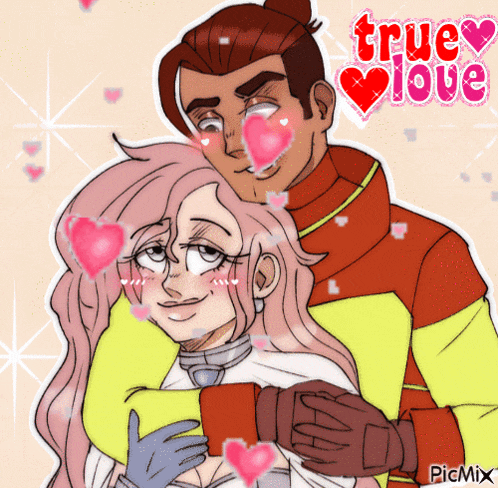 a cartoon of a man and a woman hugging with the words true love in the background