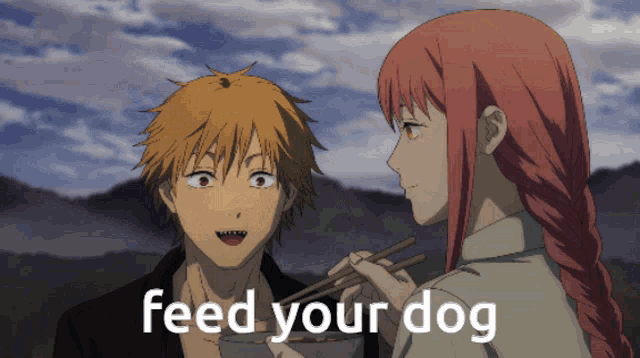 a man and a woman are looking at each other and the words feed your dog are visible