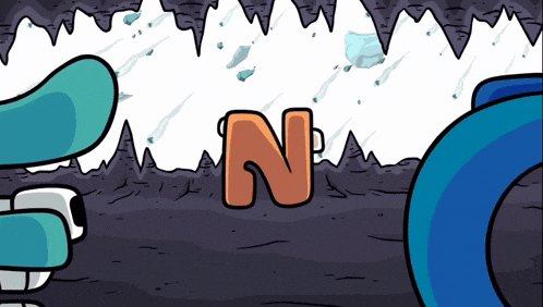 a cartoon drawing of a cave with the letter n in orange