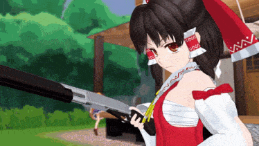 a girl in a red and white dress holding a gun