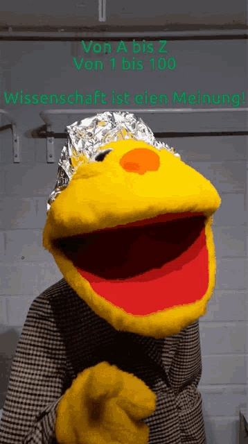 a person wearing a yellow puppet with aluminum foil on their head