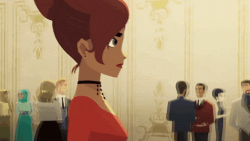 a woman in a red dress stands in a crowd of people