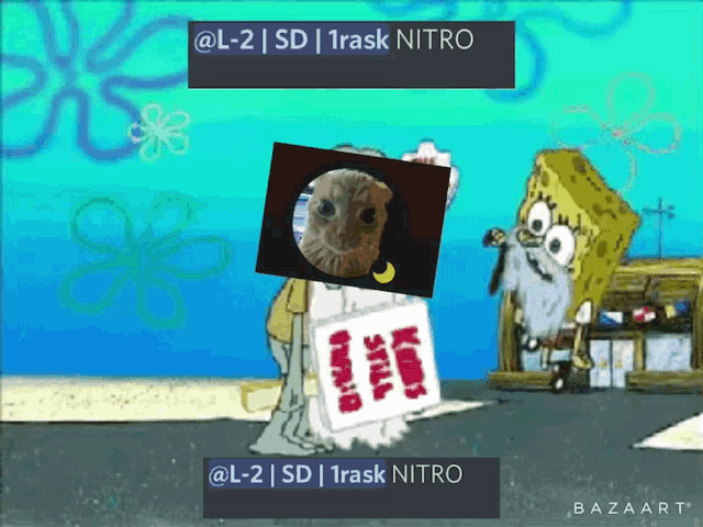 a cartoon of spongebob holding a sign that says ' nitro ' on it
