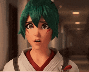 a girl with green hair is wearing a white and red outfit