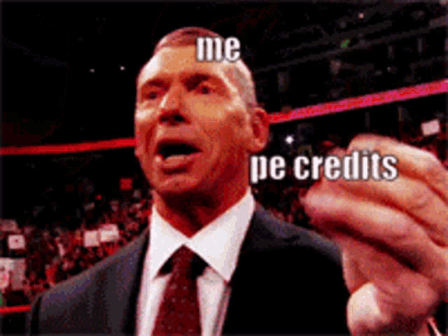 a man in a suit and tie is pointing at the camera with the words me pe credits written on his face