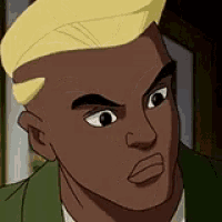 a close up of a cartoon character 's face with a yellow haircut and a green jacket .