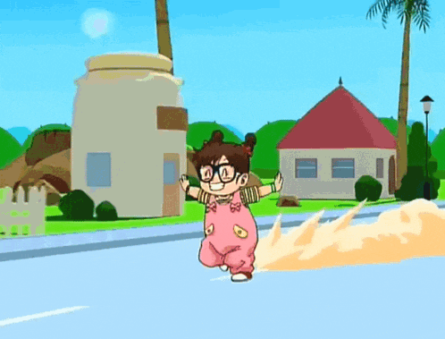 a cartoon character with glasses and overalls is running down the street