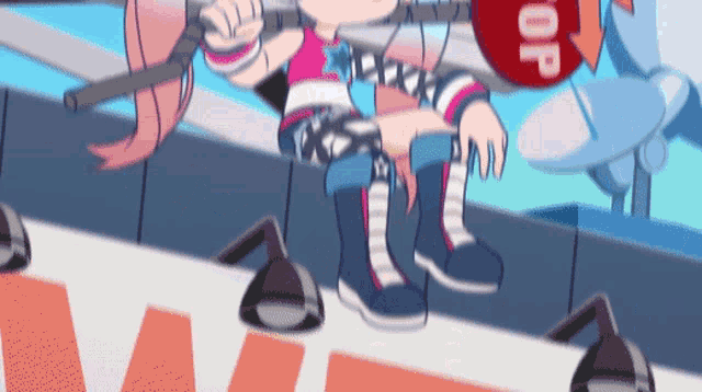 a cartoon character is holding a sign that says stop on it