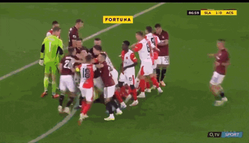 two soccer players are fighting on a field with an ad for fortuna