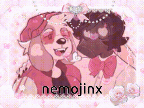 a picture of two dogs kissing with the name nemojinx on the bottom right