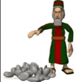 a cartoon of a man standing next to a pile of rocks on a white background .