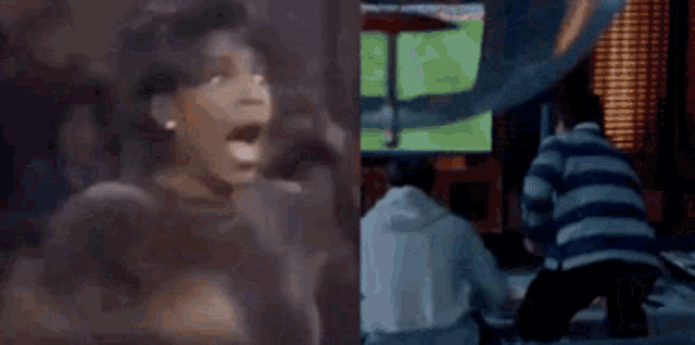 a woman is screaming and a man is hugging her in a classroom .