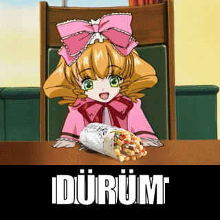 a girl with a pink bow is sitting at a table with a burrito in front of her and the word durum underneath her