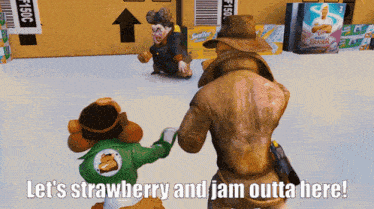 a video game scene with the words let 's strawberry and jam outta here at the bottom
