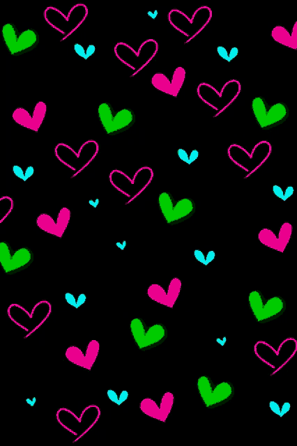 a black background with green pink and blue hearts