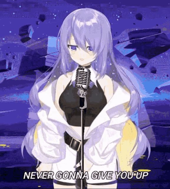 a girl with purple hair singing into a microphone with the words " never gonna give you up " below her