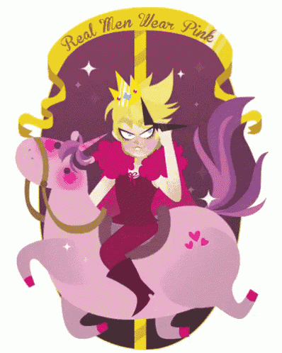 a cartoon illustration of a man riding a pink unicorn with the words real men wear pink behind him