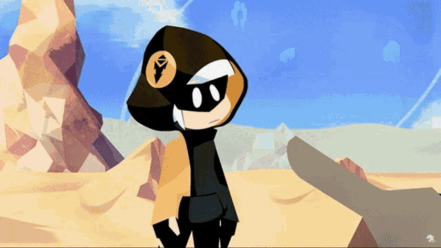 a cartoon character wearing a mask and a hat with a arrow on it