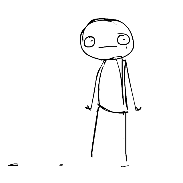a black and white drawing of a stick figure with a serious face