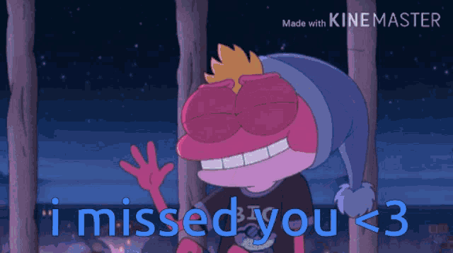 a cartoon character says " i missed you < 3 " in blue