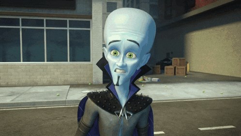 a cartoon character with green eyes and a spiked jacket is standing on a sidewalk