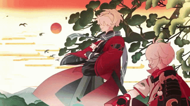 a couple of anime characters standing under a tree with birds flying in the background