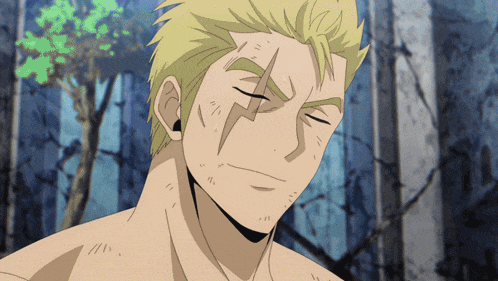a shirtless anime character with a lightning bolt on his face is smiling