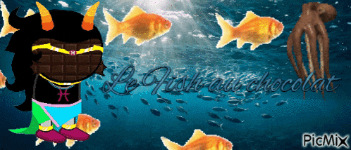 a picture of a cartoon character surrounded by goldfish and the words " le poisson au chocolat "