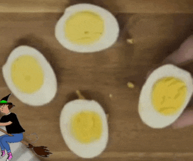 a witch is riding a broom next to hard boiled eggs