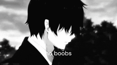 a black and white image of a boy with the words no boobs written below him