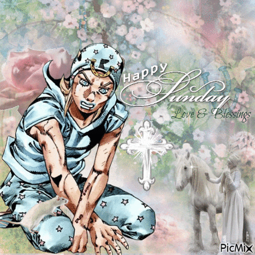 a happy sunday love and blessings greeting card with a cartoon character