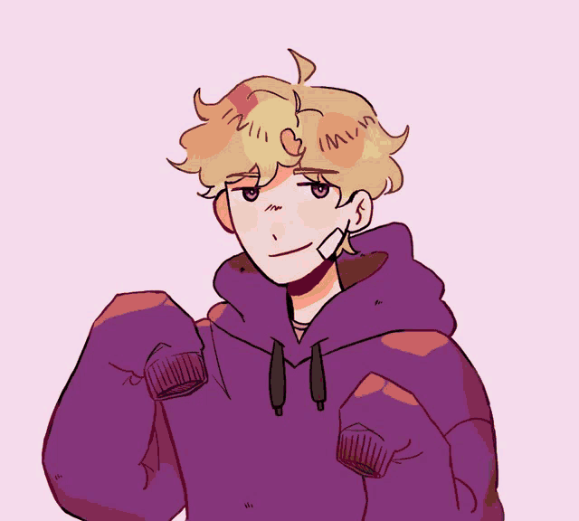 a drawing of a boy wearing a purple hoodie with a bandage on his face