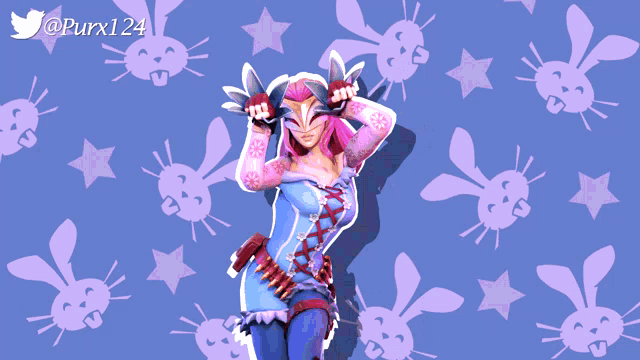 a girl with pink hair is standing in front of a pattern of rabbits