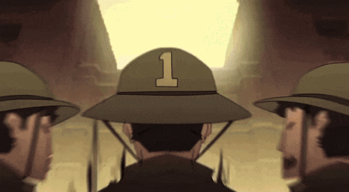 three men wearing hats with the number 1 on them