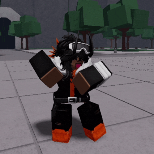 a cartoon character wearing a black and orange outfit and goggles