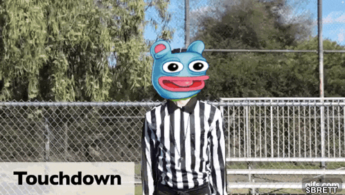 a referee with a frog on his head stands in front of a chain link fence with the words touchdown below him