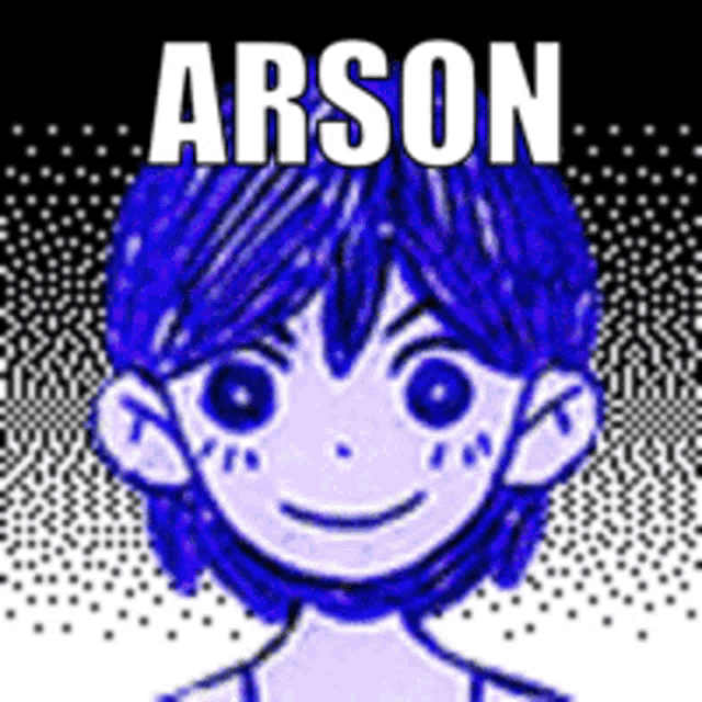 a drawing of a boy with blue hair and the name arson written above him .