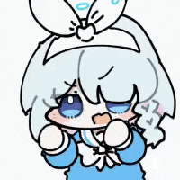 a cartoon of a girl with white hair and blue eyes .