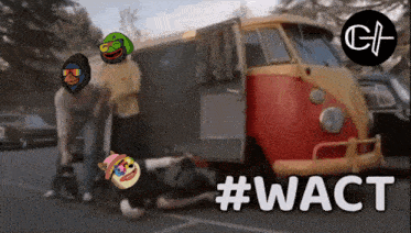 a red and yellow van with the words #wact on the bottom