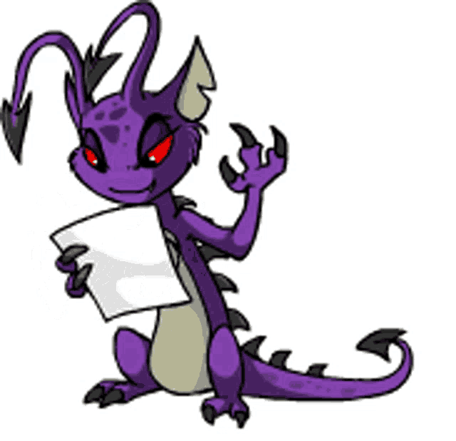 a purple monster with red eyes is holding a piece of paper