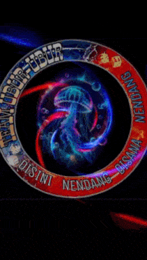 a colorful swirl in a circle with the words disini nendang disana on it