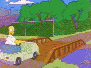 homer simpson is driving a small car over a wooden bridge
