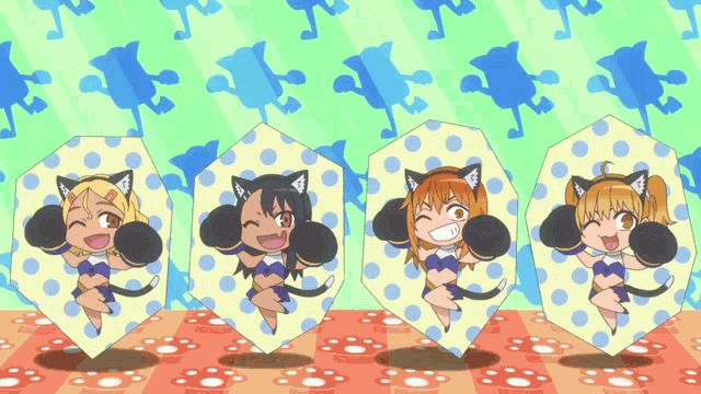 four cheerleaders are dancing in front of a polka dot pattern