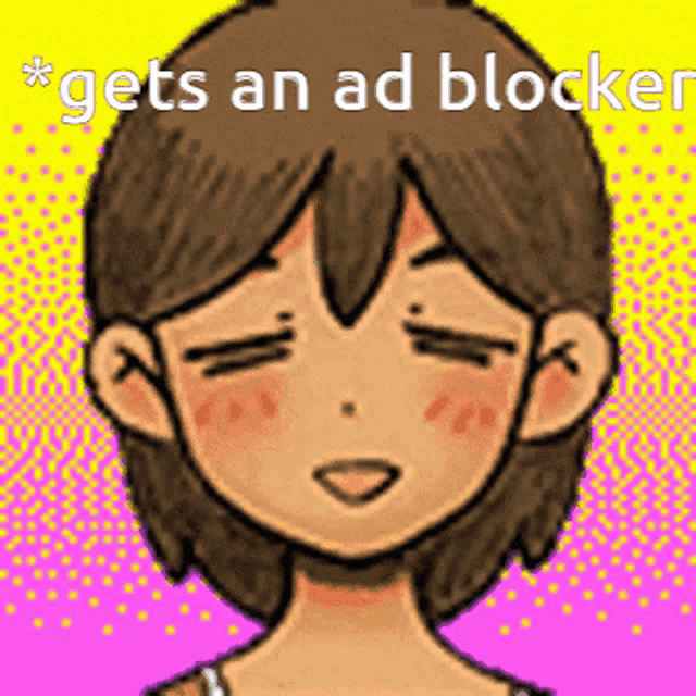 a cartoon girl with her eyes closed and the words gets an ad blocker