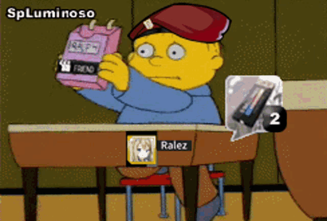 a cartoon character is sitting at a desk holding a cell phone with the name ralez written on it