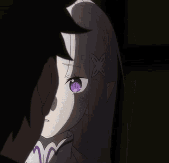 a close up of a girl with purple eyes and an x in her hair