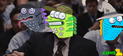 a man in a suit and tie is surrounded by cartoon characters including a wizard and a frog