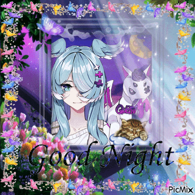 a picture of a girl and a cat with the words good night on it