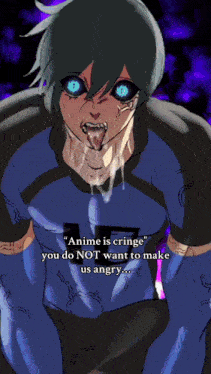 a drawing of a person with blue eyes and the words " anime is cringe "