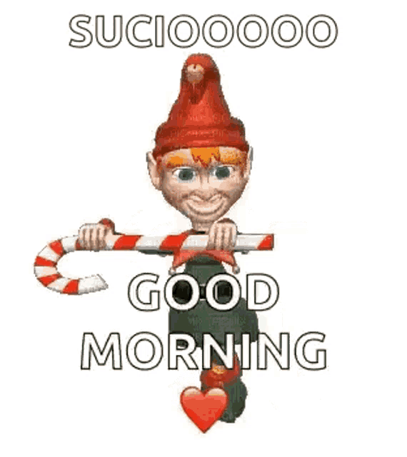 an elf is holding a candy cane and saying good morning .